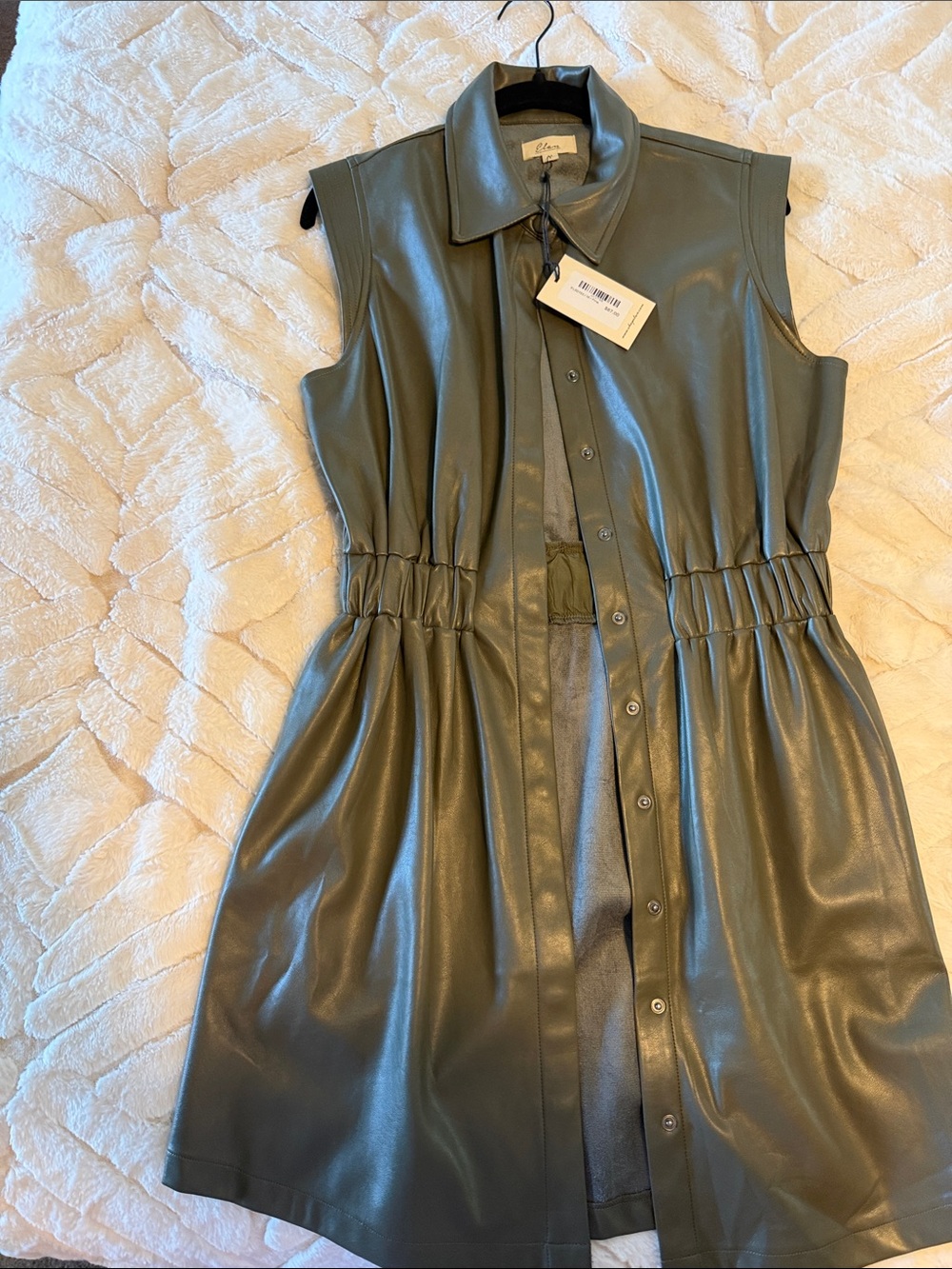 Elan Olive Green Faux Leather Sleeveless Shirt Dress